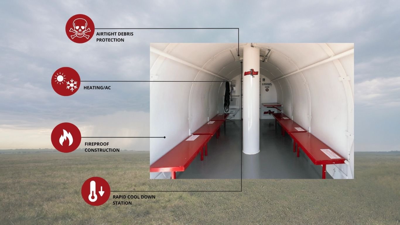Interior of a Red Dog custom storm shelter with red benches lining the walls and a central white pillar. Icons indicating protection against biohazards, extreme temperatures, and fire are displayed on the left.