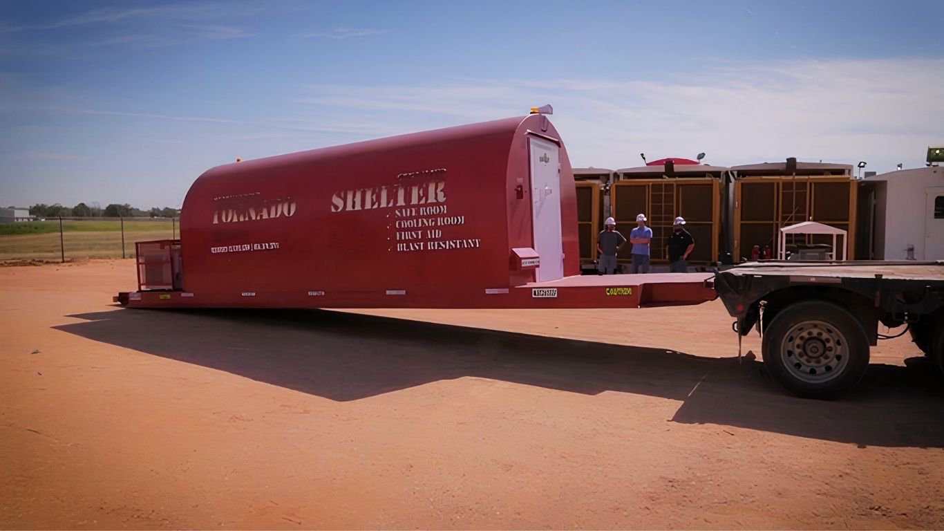 A mobile red dog tornado shelter serving as a towable storm shelter above ground.