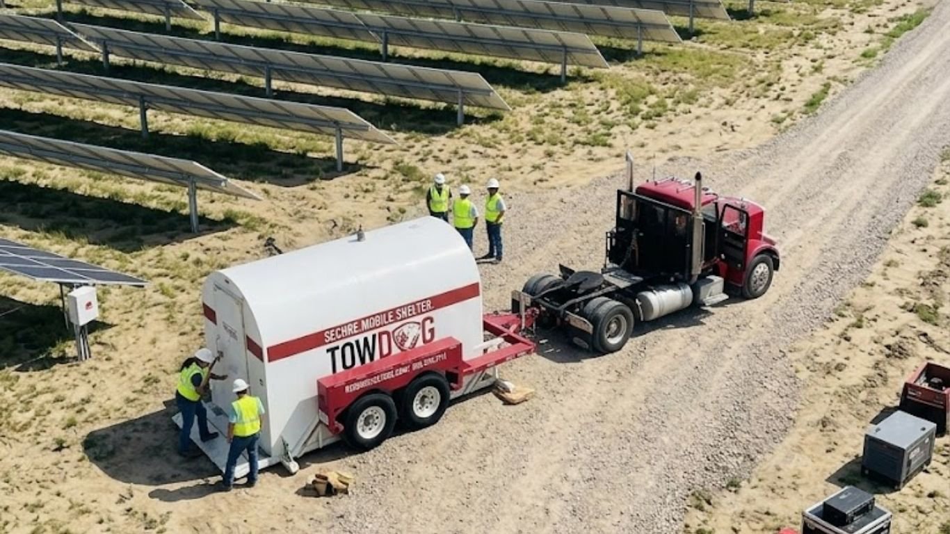 A truck towing a mobile shelter through a site to support Solar Farm Construction Safety.